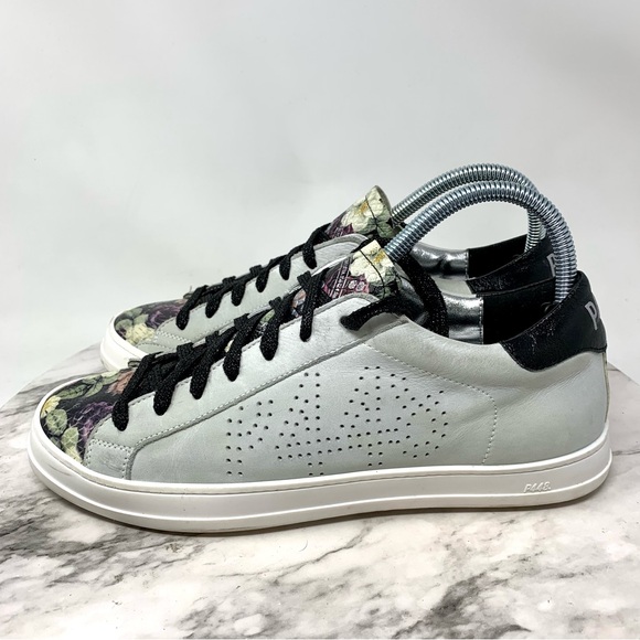 P448 John Black Floral Leather Low Top Sneakers 40/9-10 Casual Preppy Athleisure - Picture 3 of 16